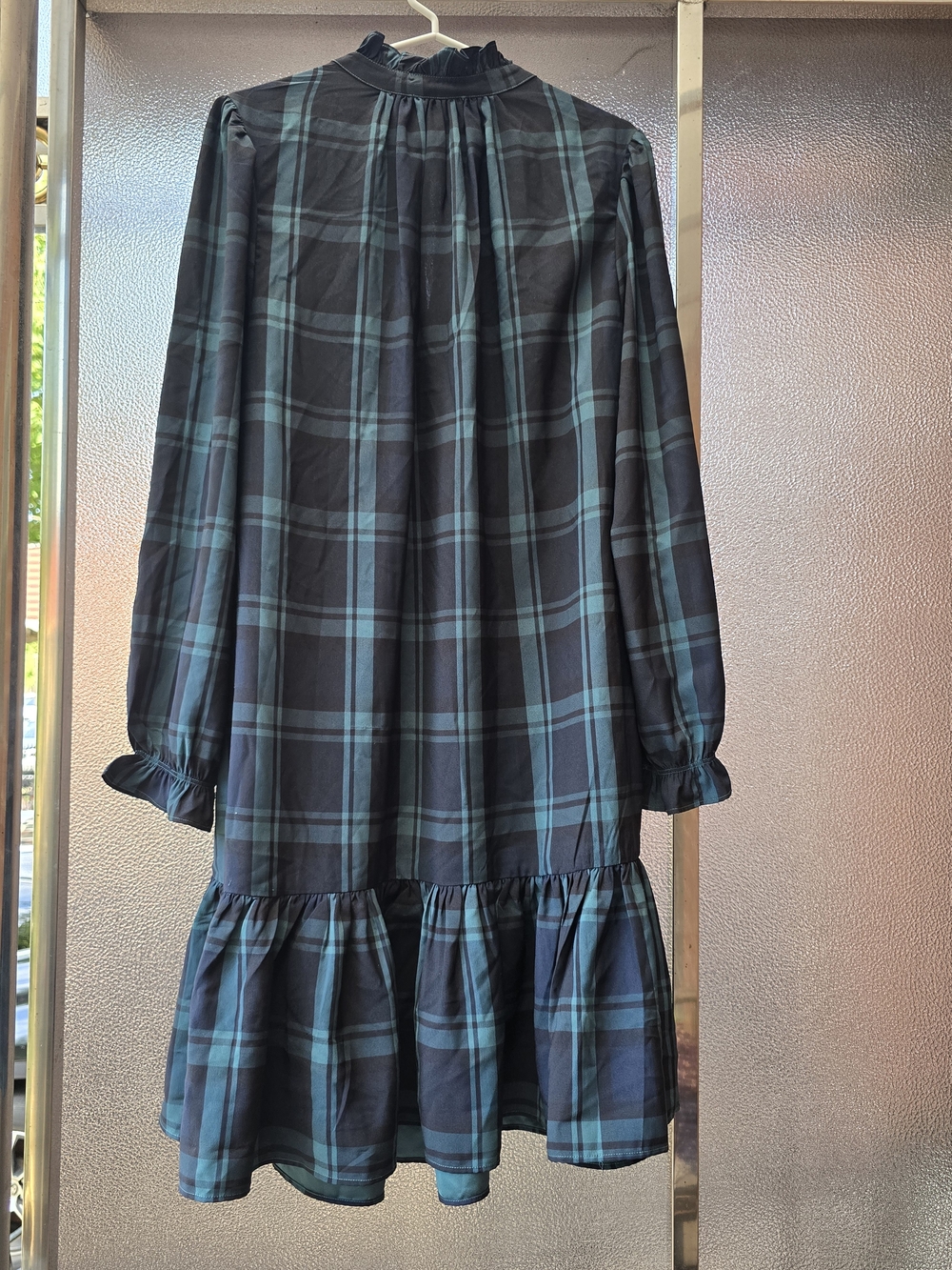 Plaid Long Sleeve Ruffle-Hem Skirt in Black and Teal